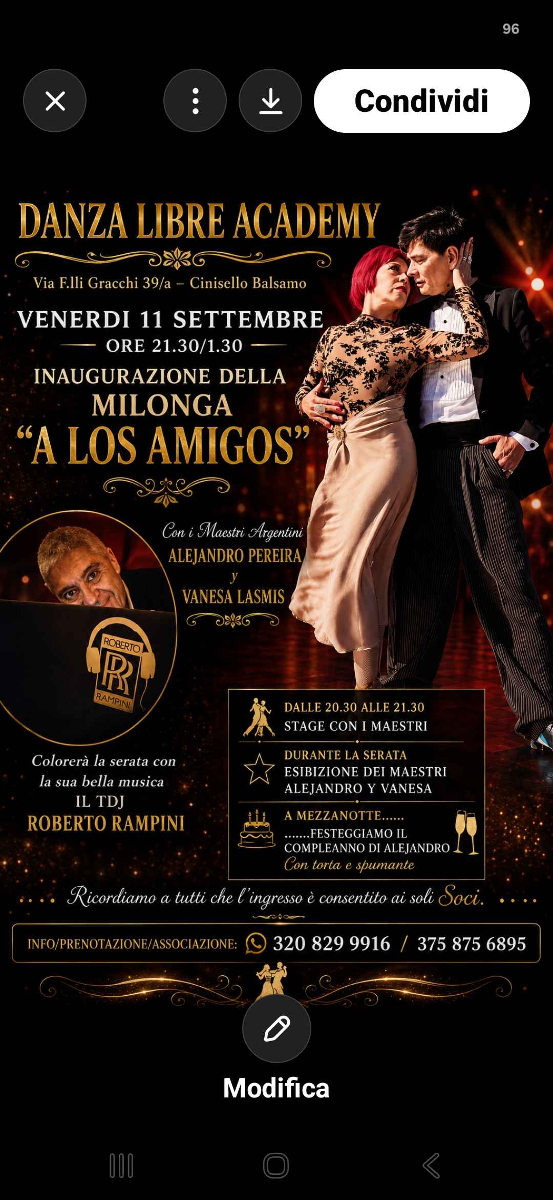 Inaugurazione Milonga "a Los Amigos" con i Maestri Alejandro Pereira y Vanesa Lamis